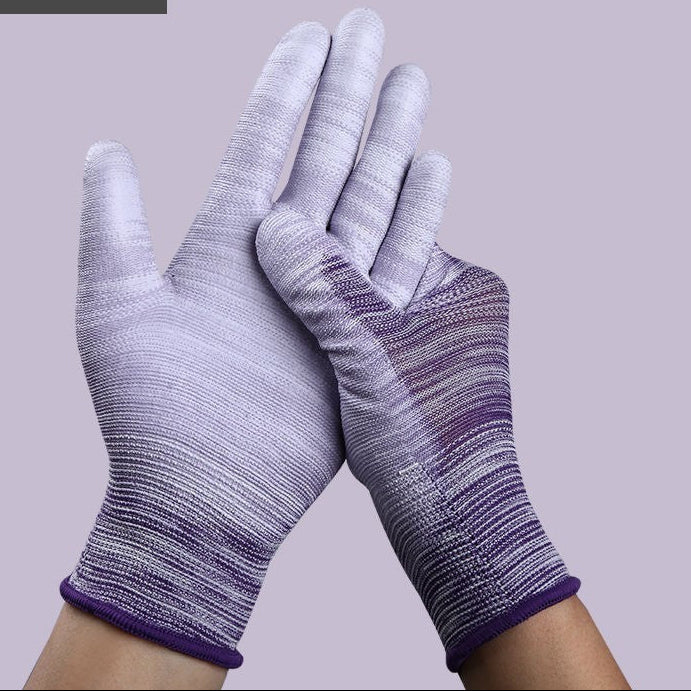 Striped nylon work glove with PU coated fingers