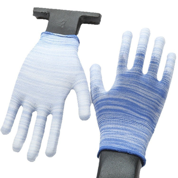 Striped nylon work glove with PU coated fingers