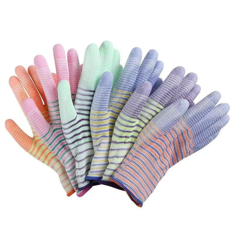 Striped nylon work glove with PU coated fingers