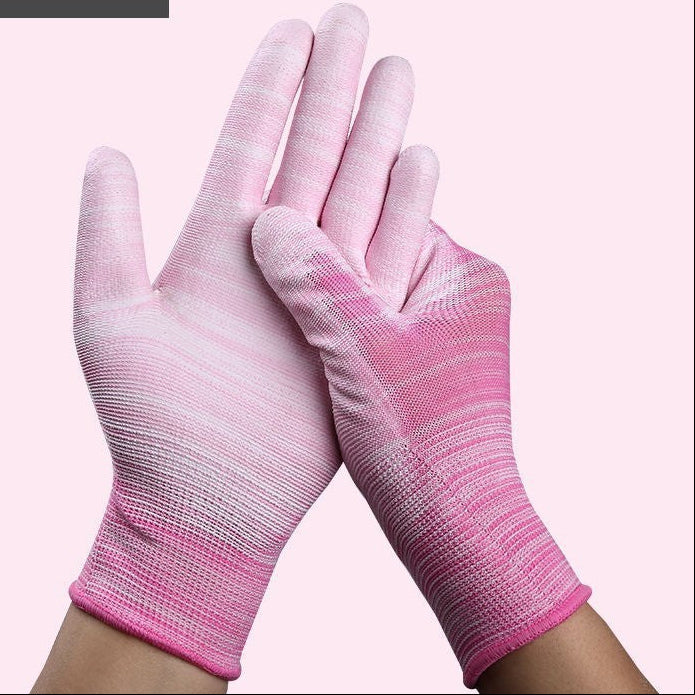 Striped nylon work glove with PU coated fingers