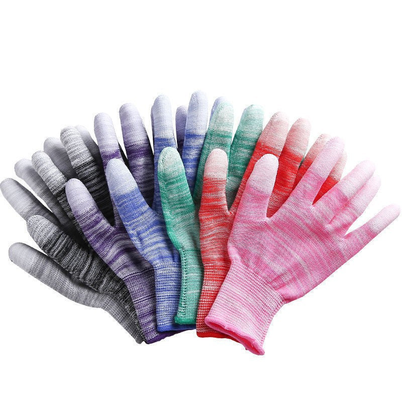 Striped nylon work glove with PU coated fingers